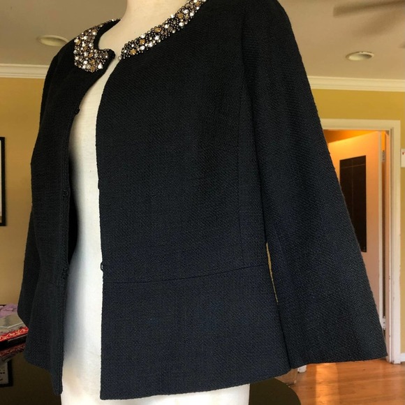 Talbots Black Jeweled Rhinestone Collar Cotton Tweed Blazer Jacket 3/4 Sleeve 16 - Picture 4 of 12